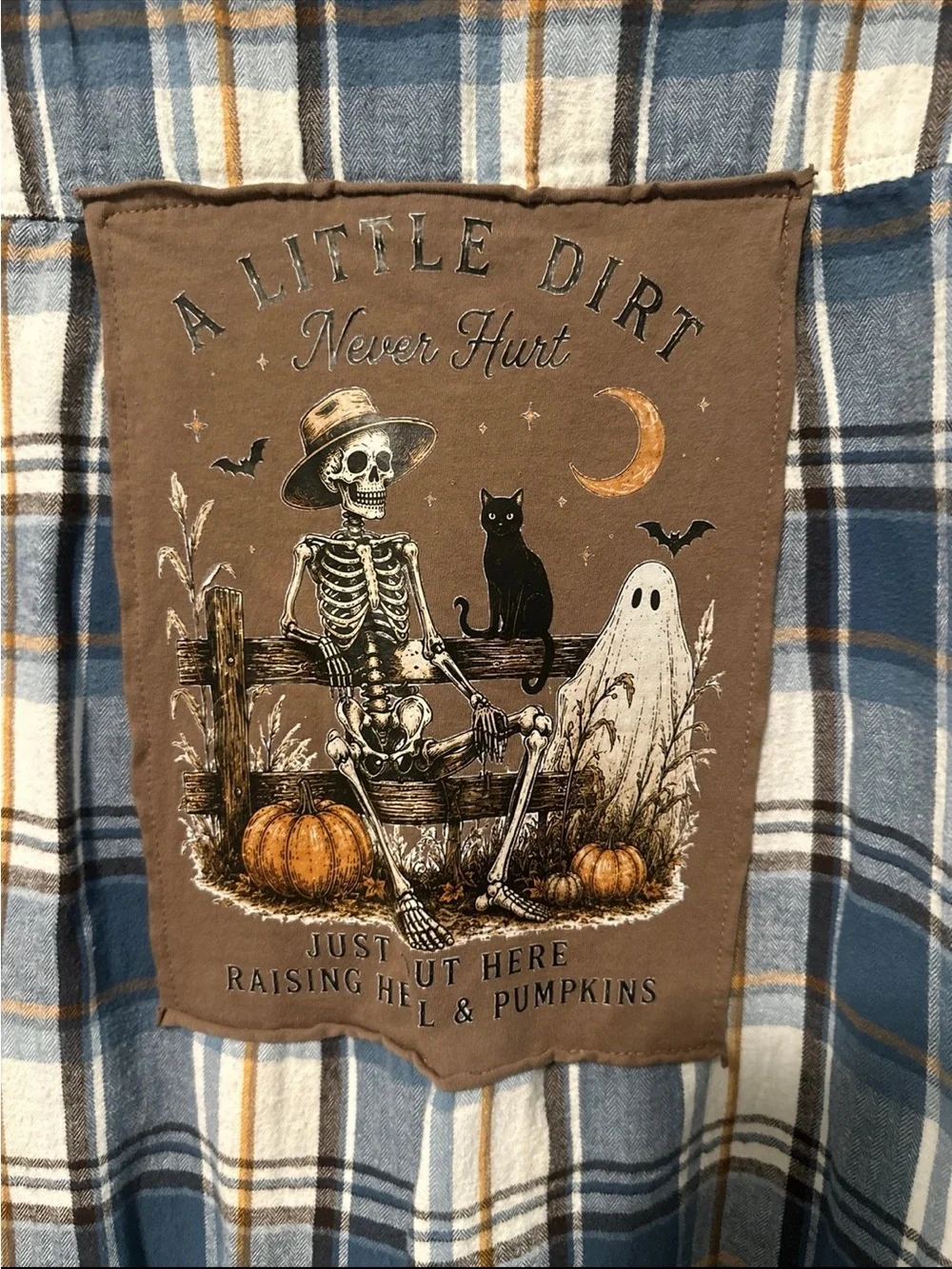 Upcycled Halloween Skeleton Cat Ghost Scene Tee Flannel Sz L